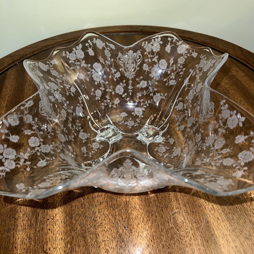 Cambridge Rose Point Crystal 4-Toed 12" Oblong Fancy Crimple Rim Bowl
